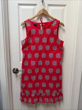 Talbots Tropical Red Shift Dress with Light Blue Contrast Embroidery